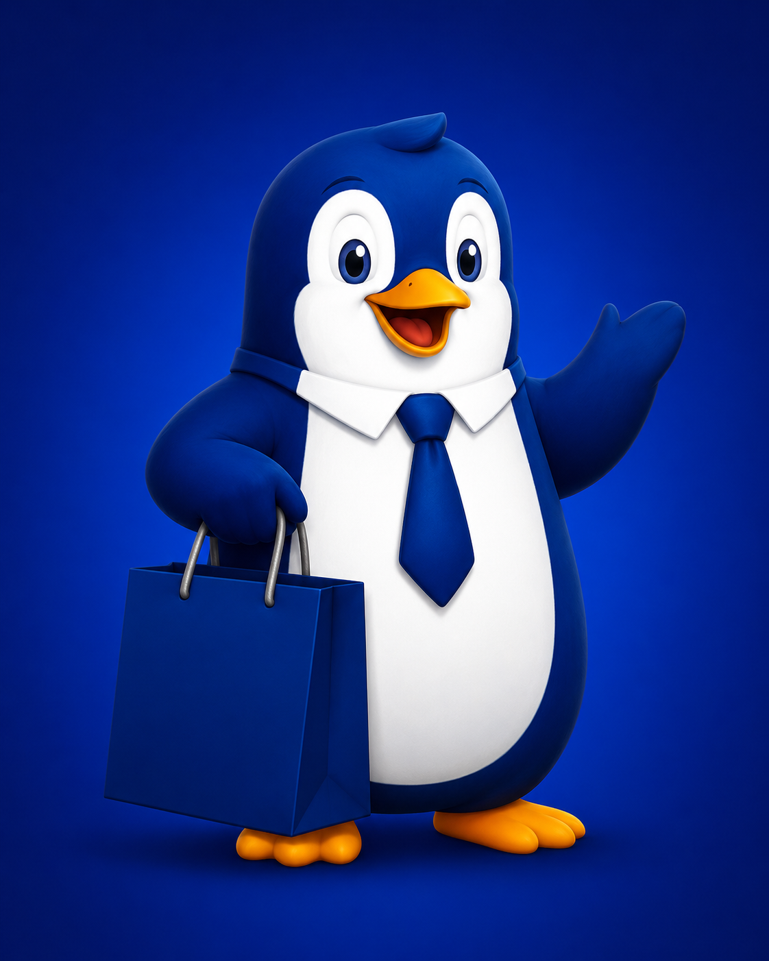 Mascota pingüino de UnBipp junto al marketplace